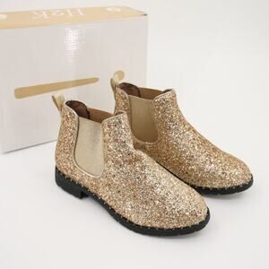 H2K Gold Glitter Ankle Boots Pull On Chelsea Round Toe Booties Size 8 NIB